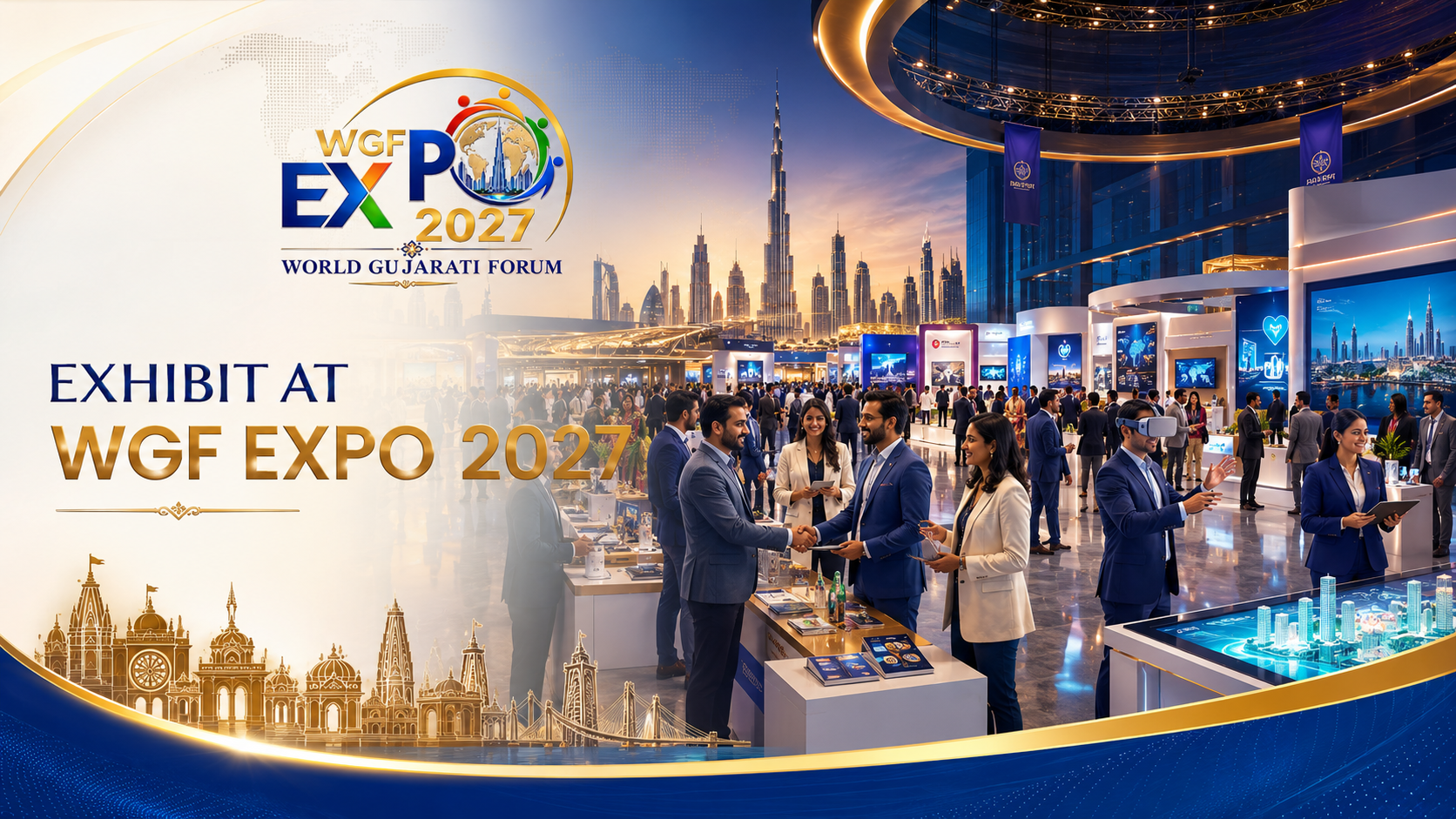 Exhibit at WGF Expo 2027 — business exhibition space with entrepreneurs showcasing products and services